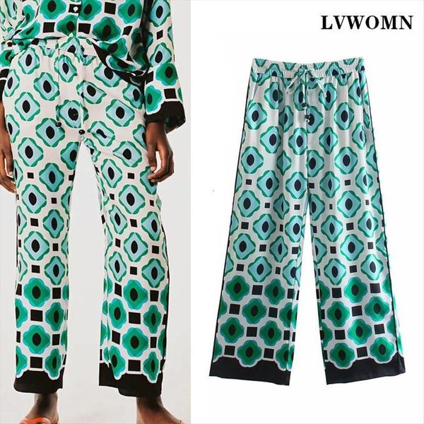 

lvwomn za summer vintage women pants geometric printed high elastic waist wide leg clothing trousers, Black;white