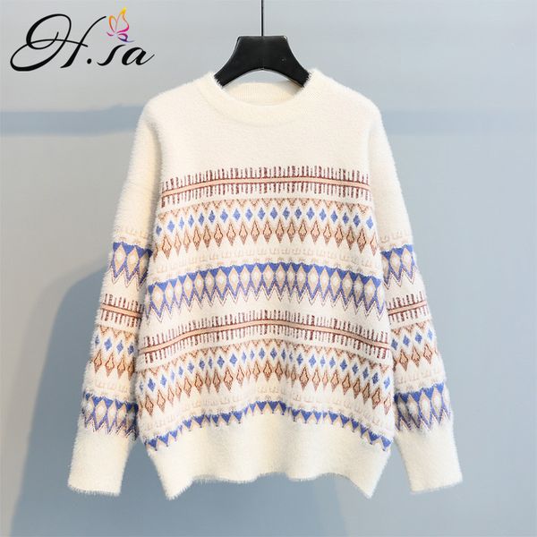 

h.sa women vintage and pullovers argyle thick warm pull jumpers loose khaki beige mink hair sweater 210417, White;black