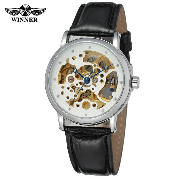 

wristwatches t-winner simple style hollowed-out blue hand mechanical watch circular black men's wrist strap, Slivery;brown
