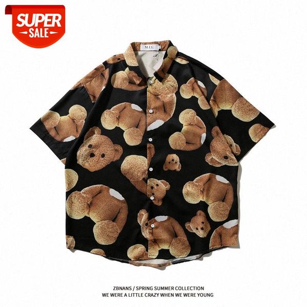 

couple bear full print short-sleeved shirt hip-hop casual men's and women's flower weiyi beach #1e36, White;black