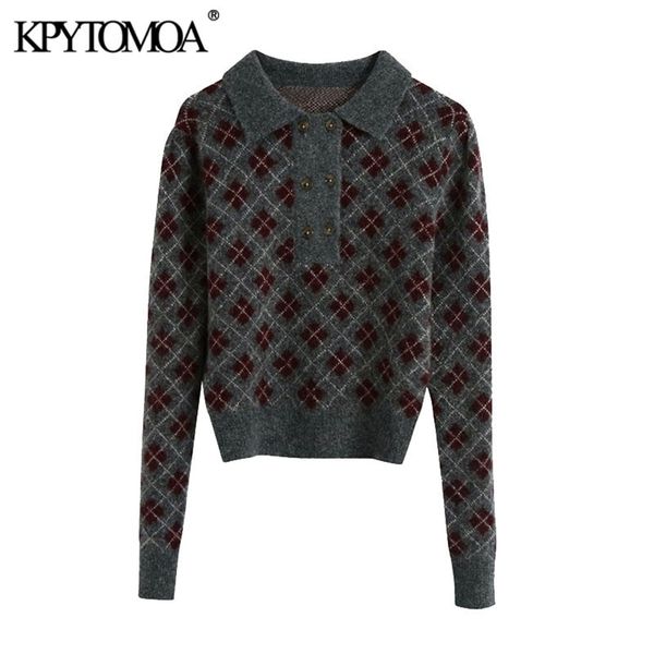 

women fashion with argyle cropped knitted sweater lapel collar long sleeve female pullovers chic 210420, White;black