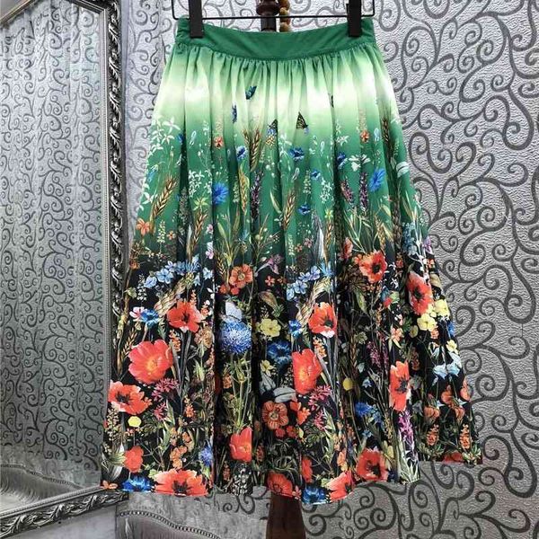 

skirts women's summer ladies butterfly floral print mid-calf length big swing casual a-line skirt cotton, Black