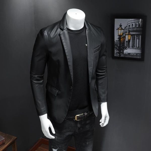 

men's fur & faux 2021 spring autumn men korean style leather jacket male suit collar pu business slim plus size 5xl coat s208, Black