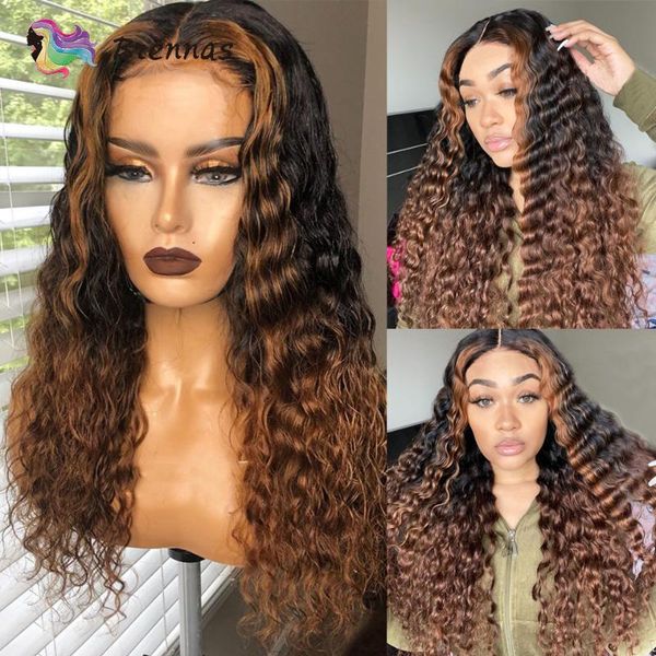 

highlight deep curly wig middle part lace omber hair for women p1b30 color brazilian glueless remy wigs, Black;brown