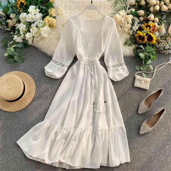 

summer women's dresses square collar long-sleeved lace retro solid color loose thin mid-calf woman ll041 210506, Black;gray