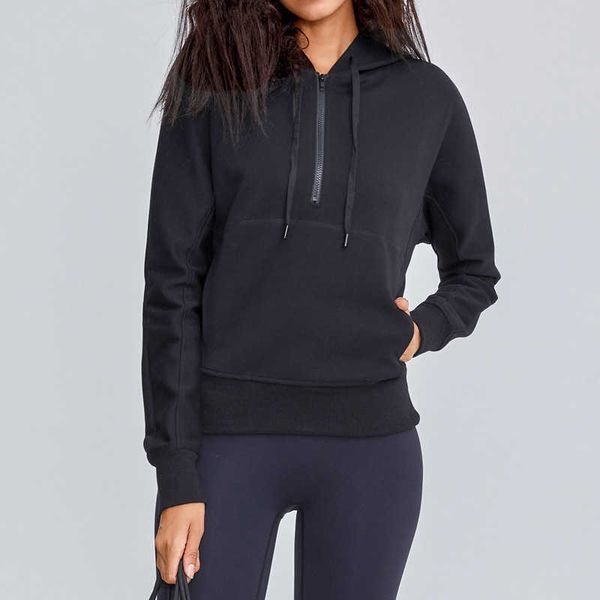 

sportswear women's running training yoga hoodies long sleeve fitness coat suit half zipper casual workout gym hooded sweater, Black