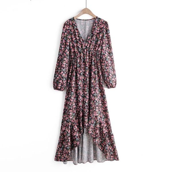 

casual dresses flabbit women summer v-neck long sleeve hem with split ruffles shirtdress floral print for a relaxed fit ds500, Black;gray
