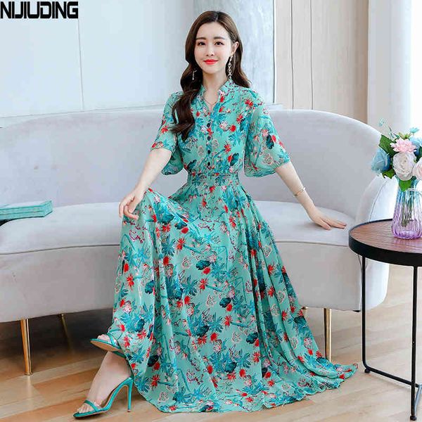 

summer printed cover belly dress v-neck waist slimming chiffon women's long banquet vestidos 210514, Black;gray