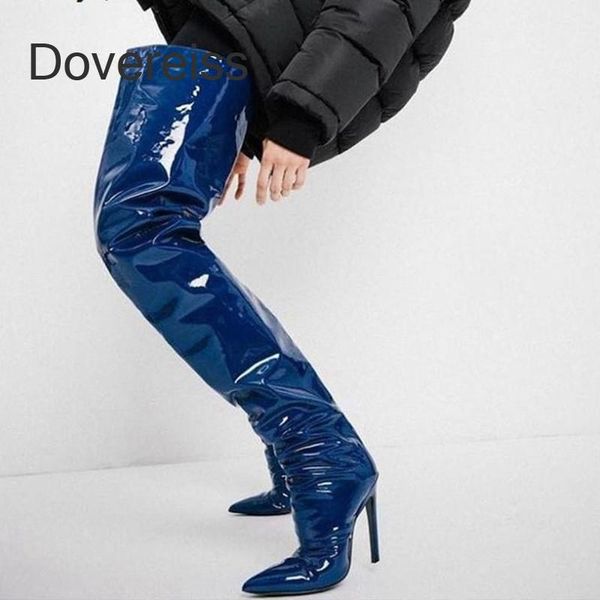 

boots winter for woman fashion stilettos heels pure color blue pointed toe over the knee chunky 45 46 47, Black