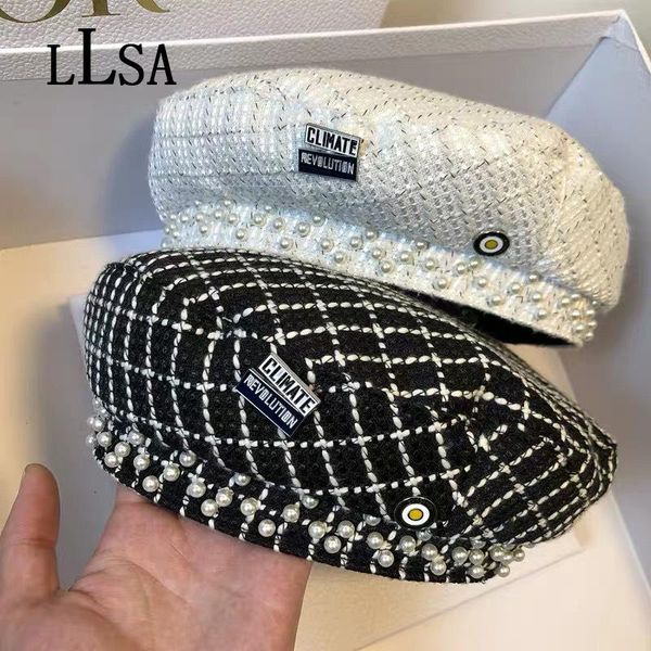

berets french metal letter mark women's pearl beret hat plaid tweed designer luxury vintage cap korean brand flat without eaves, Blue;gray