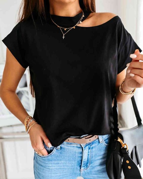 

women summer elegant solid cold shoulder short sleeve casual t-shirt lady oversize streetwear 210415, White