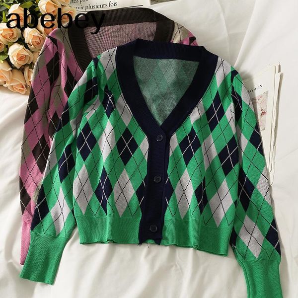 

women's knits & tees vintage v-neck long sleeved knitted cardigan color matching plaid single breasted loose short sweater 2021 spring, White