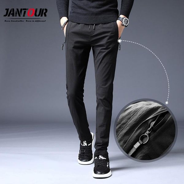 

men's pants jantour autumn winter casual men zipper anti-theft pocket cotton fit chinos fashion black trousers male brand clothing