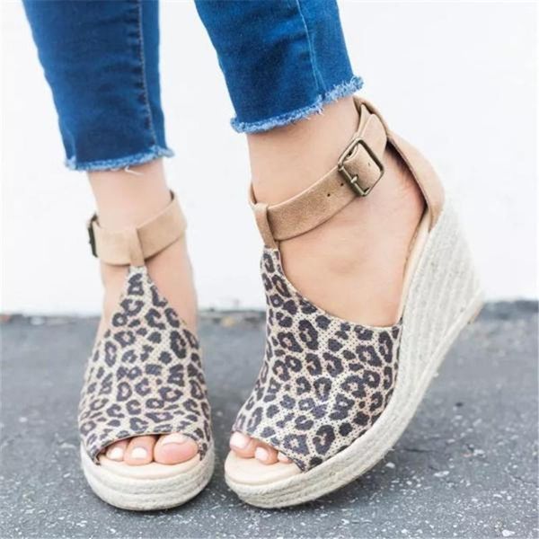 

women high heels shoes 2021 spring summer round head wedge sandals leopard print size 35-43 sandalias de mujer, Black