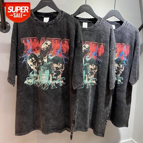 

american street hip-hop rap rock print short-sleeved men's loose wash and old retro frayed t-shirt #0f3d, White;black