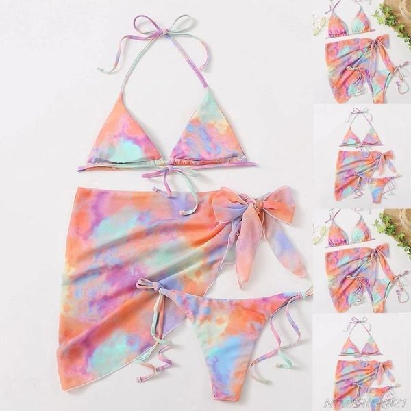 

women's swimwear women 3pcs gradient rainbow print bikini set halter string brazilian swimsuit with sarong cover up beach skirt tie dro, White;black