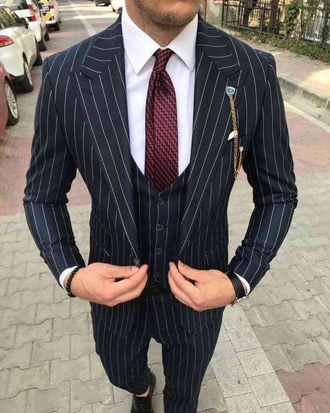 

men's suits & blazers striped suit slim fit three piece business bridegroom navy wedding ball evening (jacket + vest pants), White;black