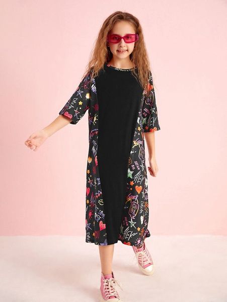 

girls graffiti print round neck tee dress she, Red;yellow