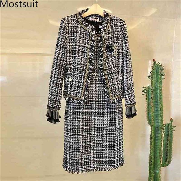 Tweed elegante vintage dois peças conjuntos ternos outono inverno borlas casaco + roupa sem mangas vestido moda senhoras 2 pcs 210513