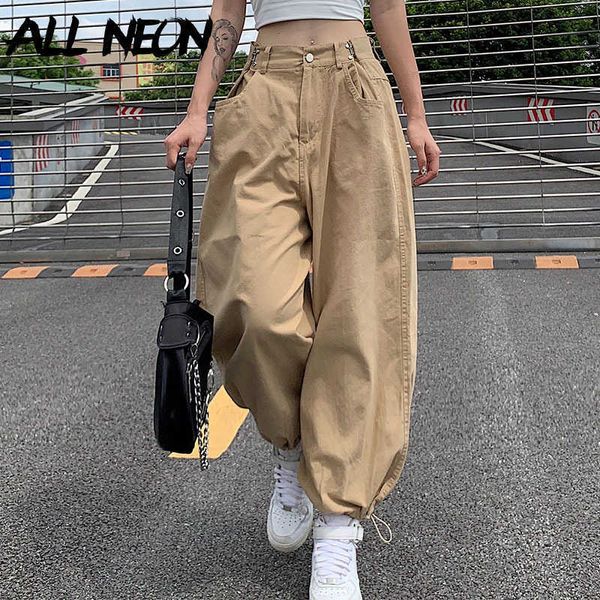 Allneon Y2K Moda Khaki Calças de Carga Oversized Hip Hop Estilo Loososos Ajustável Cintura Cordilheira Longa Pant Streetwear 90s Outono X0629