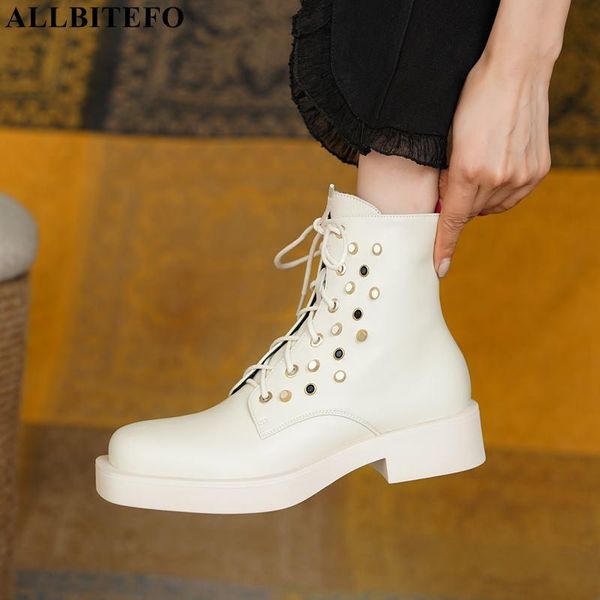 

boots allbitefo rivets design waterproof platform genuine leather ankle autumn winter outdoor shoes fashion girls women, Black