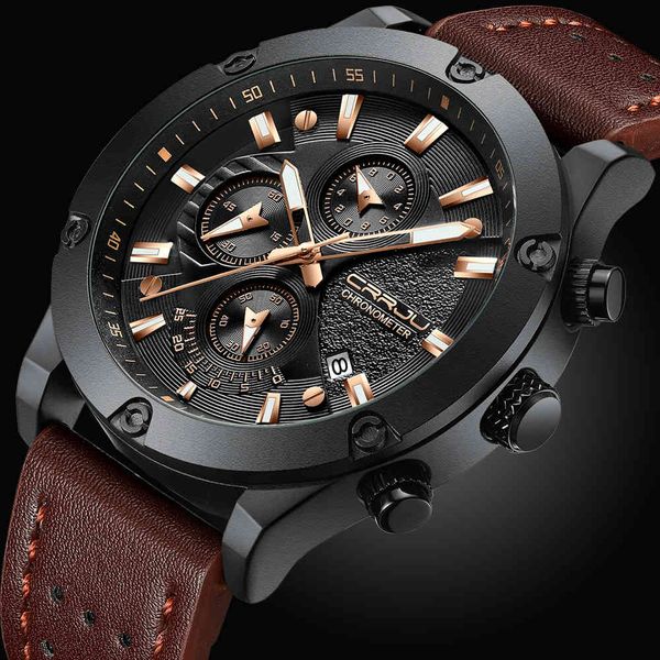 

crrju fashion watch men design chronograph big face quartz wristwatches men's outdoor sports leather watches orologio uomo 210517, Slivery;brown