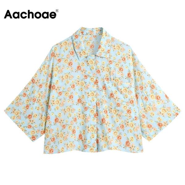 

women's blouses & shirts aachoae summer vintage floral printed blouse casual batwing short sleeve female single breasted fashion shirt, White