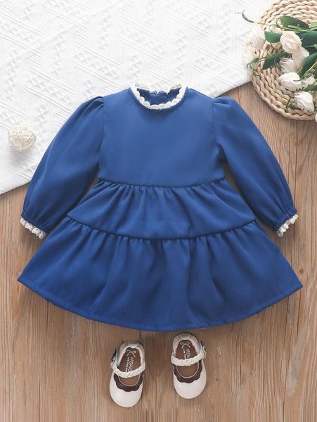 

baby contrast lace puff sleeve ruffle hem dress she, Red;yellow