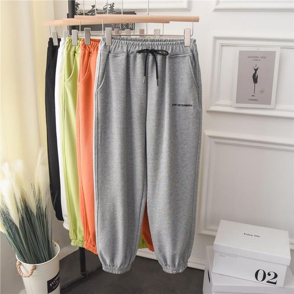 

plus size loose jogging womens pant ankle length spring fall plain drawstring cotton casual pants running, Black;white