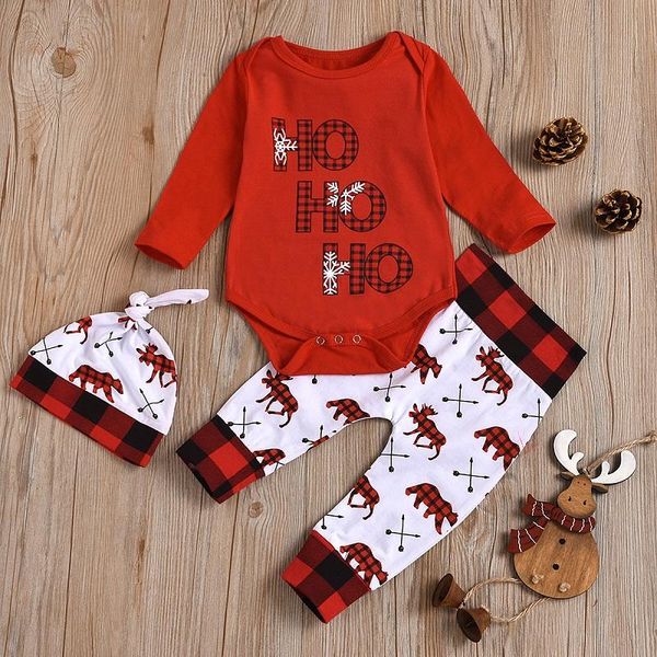 

clothing sets baby girl boy long sleeve romper christmas outfits red body jumpsuit + deer print trousers hat infant toddler set, White