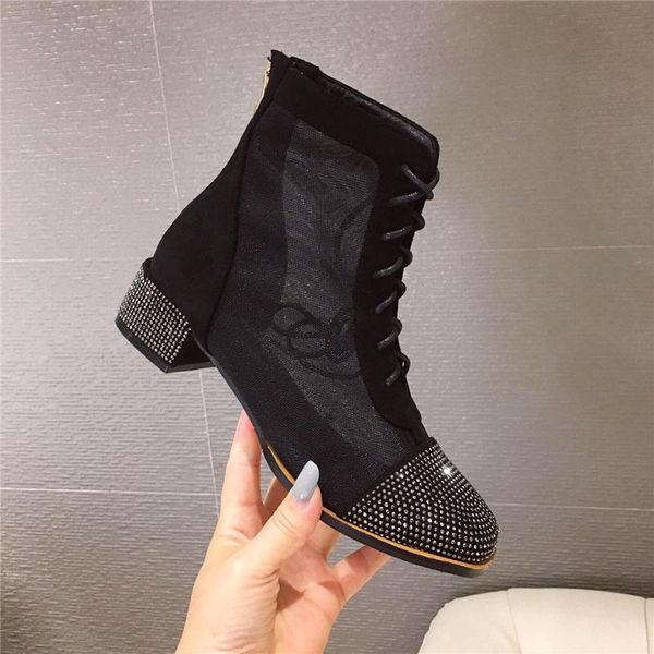 

boots summer fashion lace up ankle sandals bling crystal block high heels women mesh hollow short lady gladiators shoes, Black