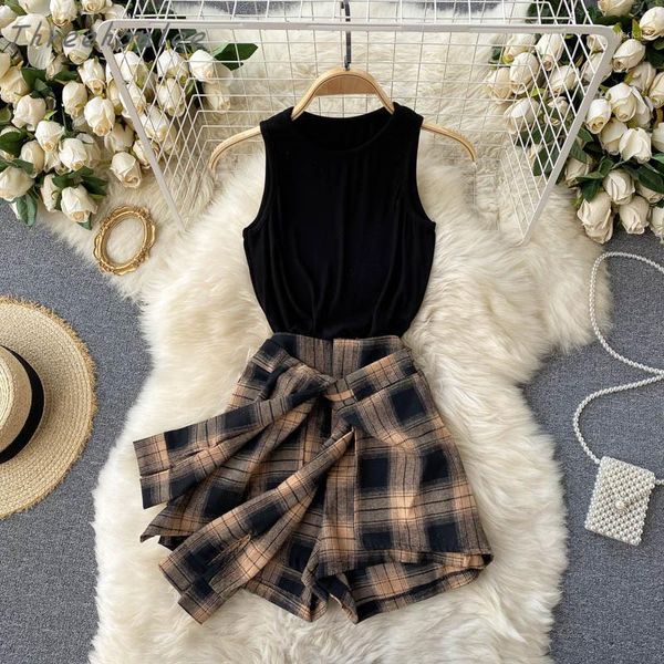 

summer casual women two piece sets chic sleeveless tank and plaid print high waist wide leg shorts fashion suits women's tracksuits, Gray
