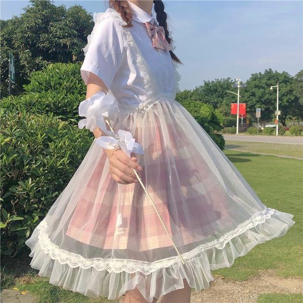 

casual dresses sweet japanese lolita ruffles mini dress women kawaii all-match cute white lace suspenders summer tulle veil apron, Black;gray