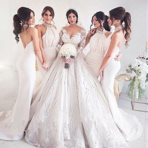 

2021 backless bridesmaid dresses halter beaded collar sleeveless crystals country wedding maid of honor gown formal evening wear vestidos, White;pink