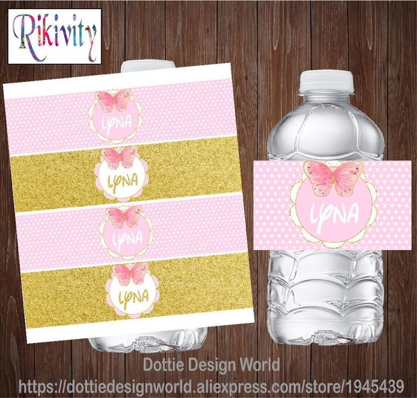 Özel Prenses Kelebek Pembe Polka Dots Altın Su Şişesi Şarap Etiketleri Şeker Bar Sarıcı Bebek Duş Doğum Günü Partisi Dekorasyon 210408