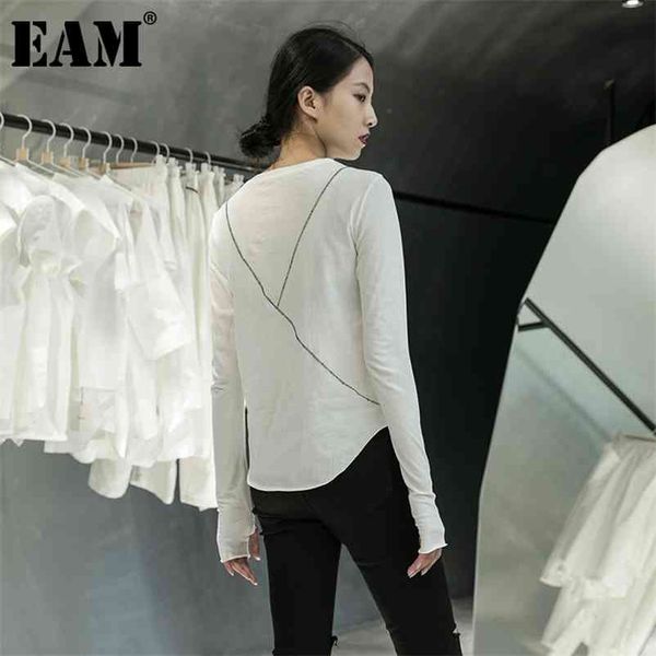 

[eam] women black line split joint temperament t-shirt new round neck long sleeve fashion tide spring autumn 1da905 210330, White