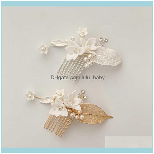 

jewelrywhite porcelain flower bridal small comb leaf headpiece pearls women hair jewelry wedding prom aessories drop delivery 2021 amjk3, Slivery;golden