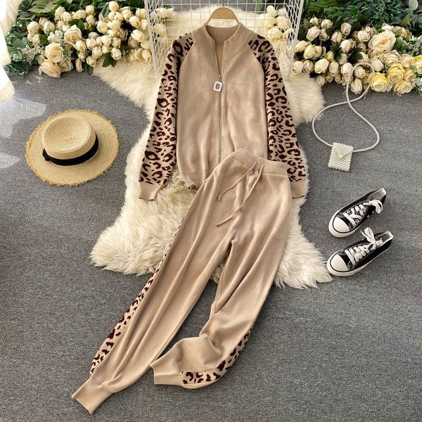 

women autumn winter retro leopard knitted set o neck long sleeve zipper cardigan+high waist casual pants two pieces set 210419, White
