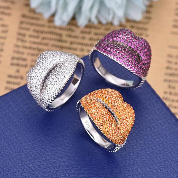

arrival red lip rings for women fashion jewelry luxury zirconia mouth party ring zk30 cluster, Golden;silver