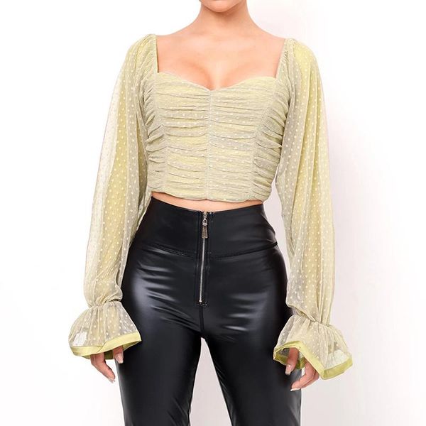

women's blouses & shirts ruched chiffon women summer long flare sleeve square collar mesh polka dot female short streetwear crop, White