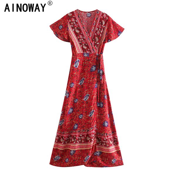 

vintage chic vestidos women floral print bat sleeve beach long bohemian maxi dress ladies v neck summer boho happie dress, Black;gray