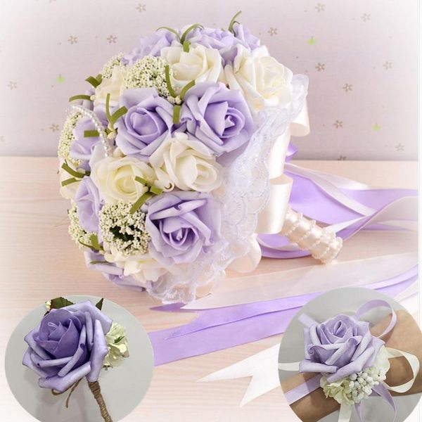 

romantic 24 cm wedding bouquet pe rose purple wrist corsage groom boutonniere with pin 1 set pink beige decorative flowers & wreaths