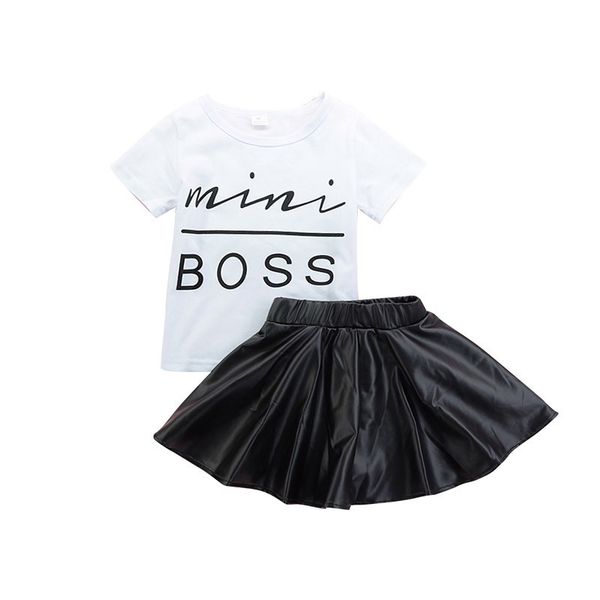

2021 summer baby girl short sleeve skirt set fashionable letter leather two piece pleated suit, White