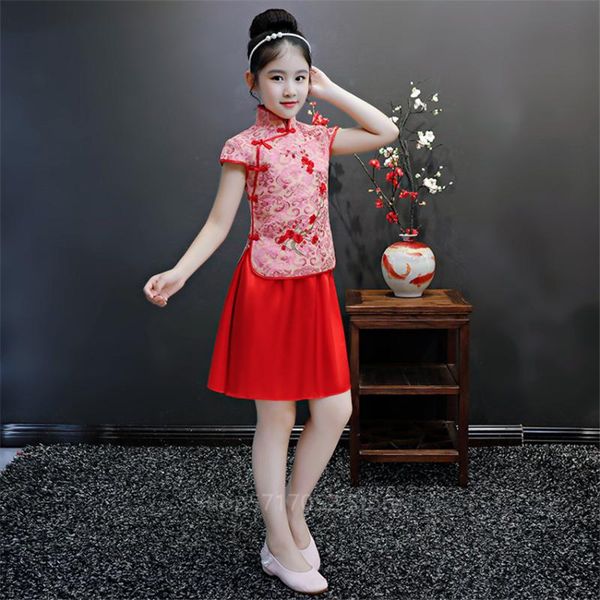 

ethnic clothing kids baby girl chinese traditional clothes cheongsam dress qipao satin silk 2pcs embroidey tang suit skirt stage performance, Red