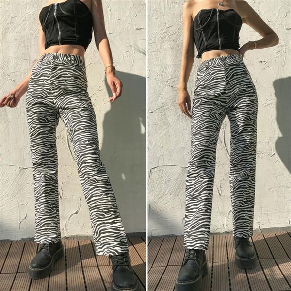

chic fashion white and black womens capri animal zebra print trousers high waist female flares pants street wear, Black;white