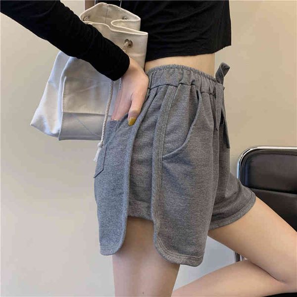 

qoerlin sport shorts for women running black elastic waist fashion side split shorts women solid drawstring oversize fitness 210416, White;black