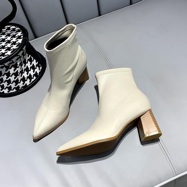 

boots stretch fabric women high heels dress shoes pointed toe pumps square heel fashion booties 2021 black botas mujer 8602g