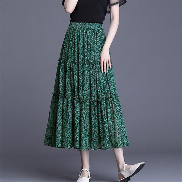 

spring korean floral maxi women skirts long boho chiffon spliced patchwork a line flower print ankle summer, Black