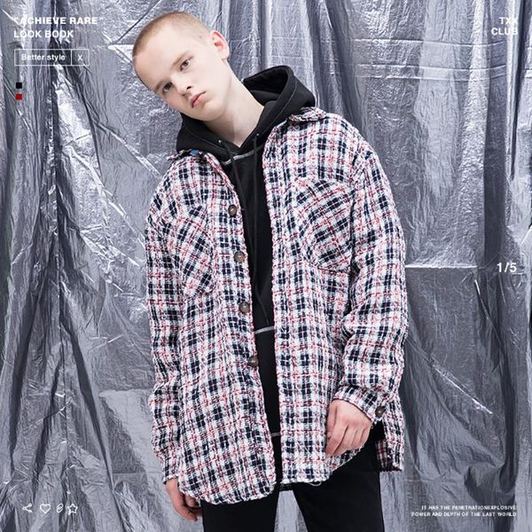 

men's wool & blends autumn plaid men winter long sleeve vintage lattice single breasted loose coat jacket, Black