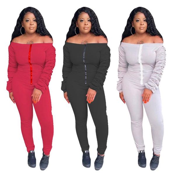 

women's jumpsuits & rompers baby 001 winter clothing solid color long-sleeved zipper pleated one-shoulder jumpsuit ts1077, Black;white